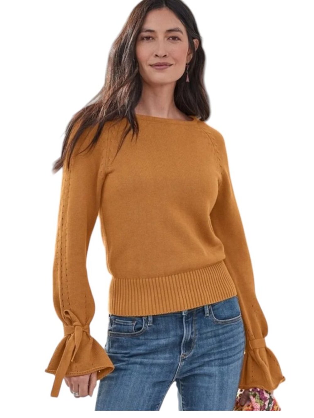 Sundance Aryka Mustard Gold Cotton Wool Blend Tie Sleeves Sweater
